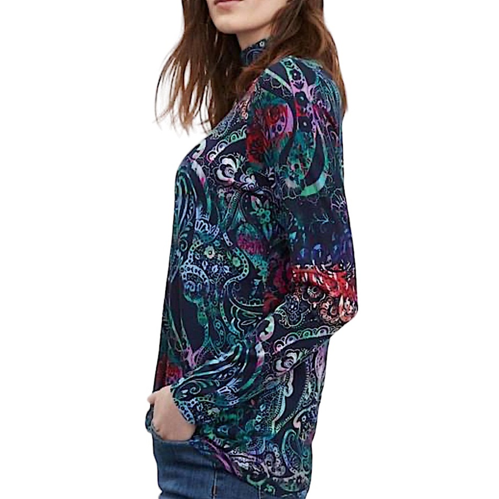 FDJ FRENCH DRESSING JEANS: Mock Neck Long Sleeve Top In Delft Prismatic Size XXL